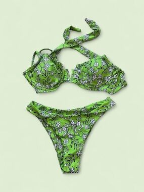 Zaful Green White Floral Two-Piece Bikini